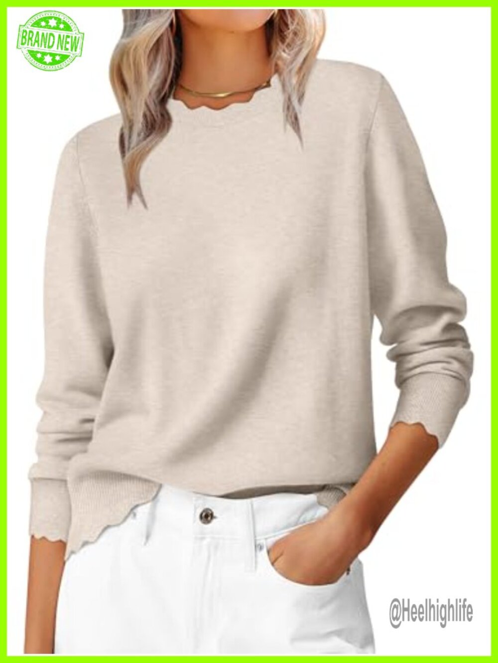 Lightweight Knit Pullover Sweater Scallop Edge Long Sleeve
